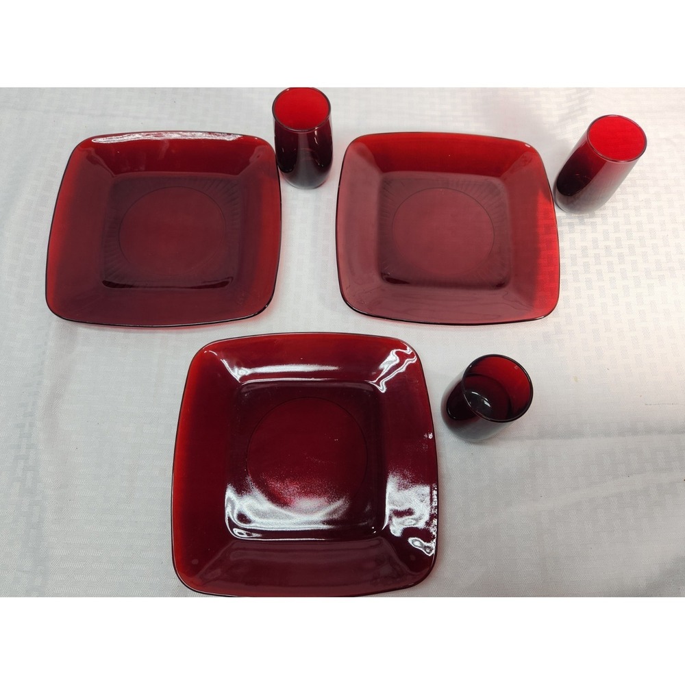 Anchor Hocking Royal Ruby Red Baltic Water Tumblers & Matching Square Plates 6pc